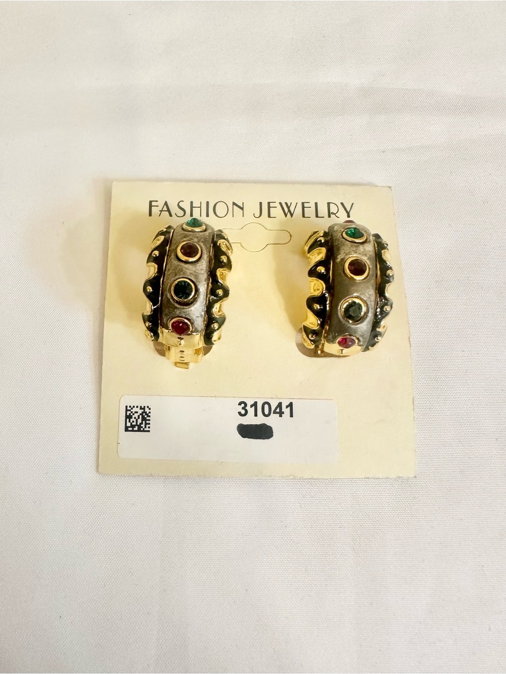 VTG Gold-Plated Grey Enamel w/ Colorful Stones Hoop Earrings (Moderate Weight)